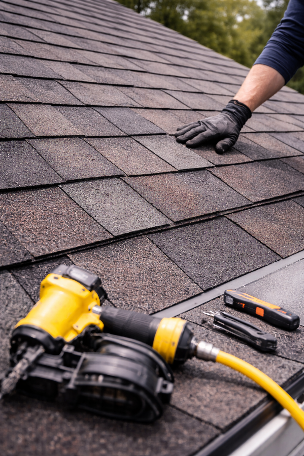 New architectural shingle roof installation on a two-story home