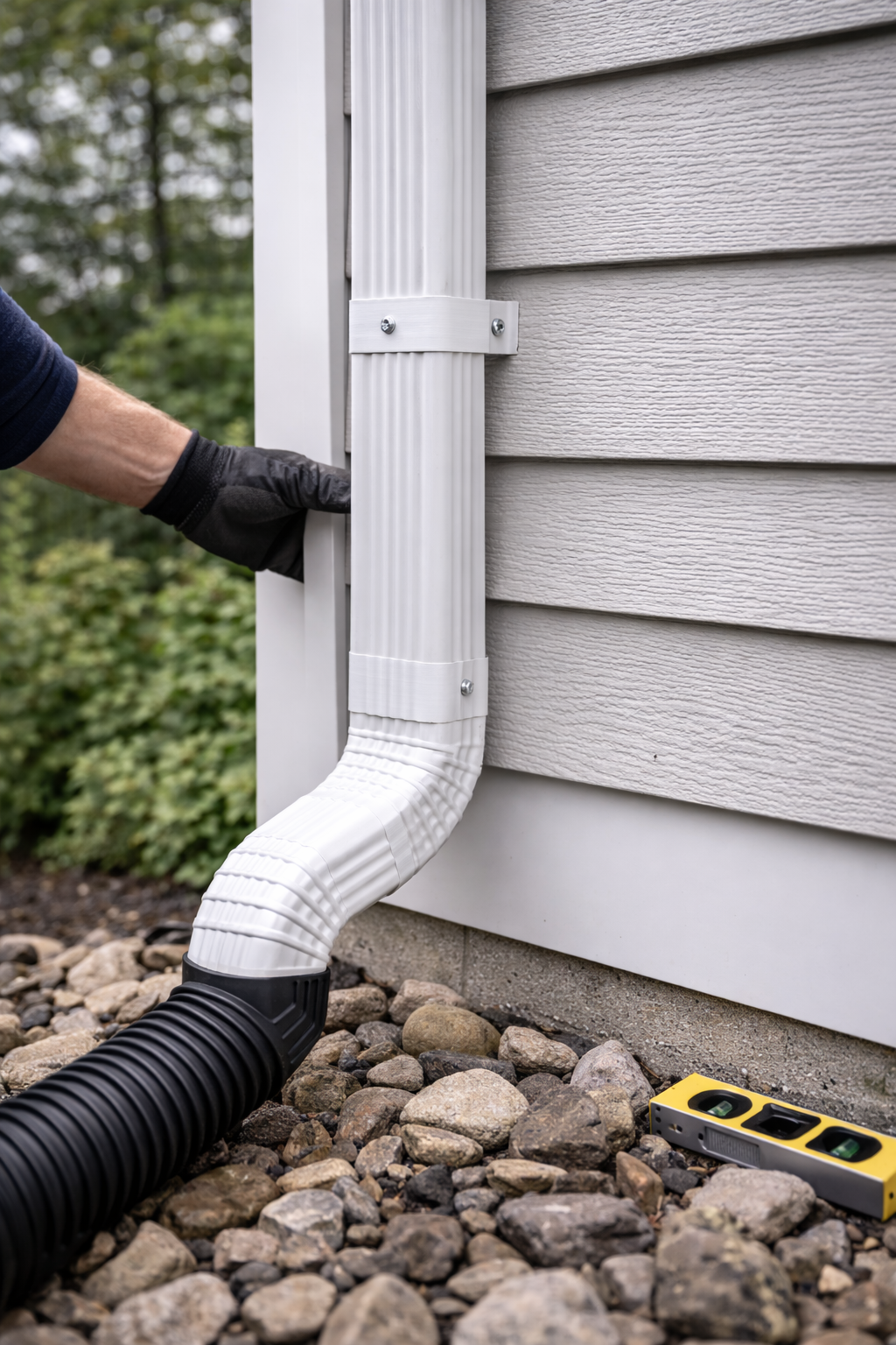 Technician adjusting gutter downspout system