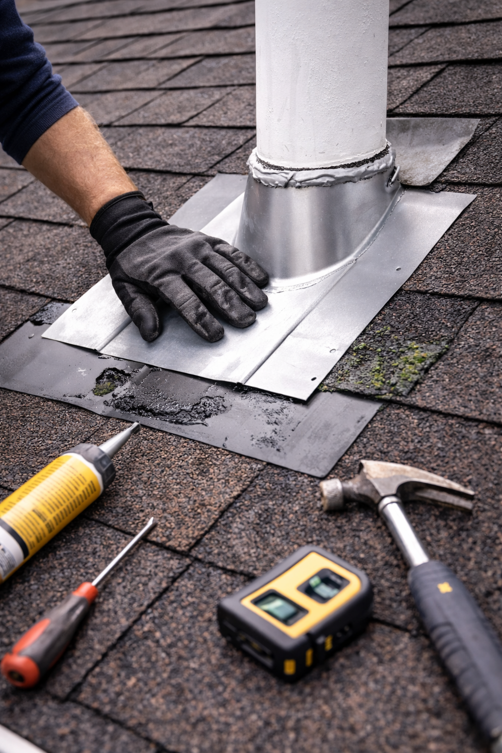 Roof technician repairing flashing around a chimney